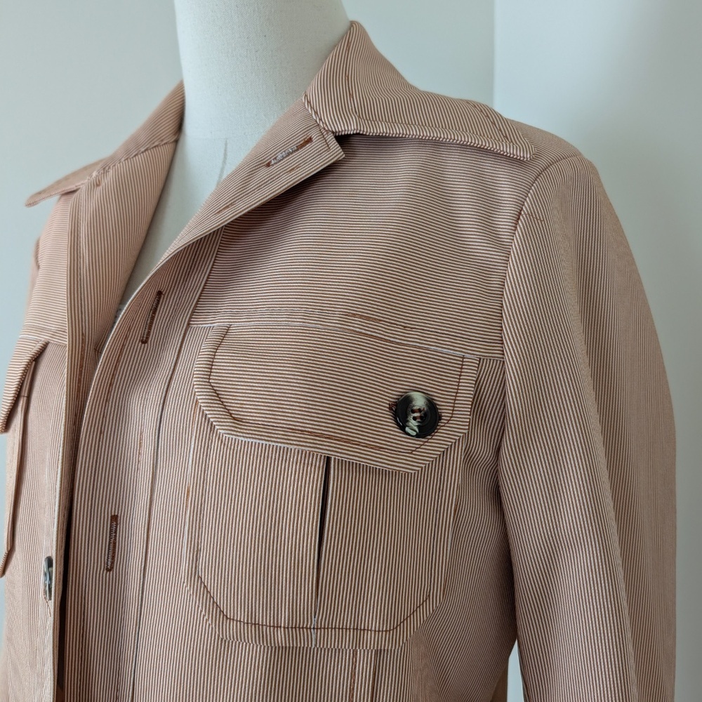 70's Pinstripe Blazer Size Medium Overcoat Pastel Dagger Collar Vintage Office - Picture 13 of 14